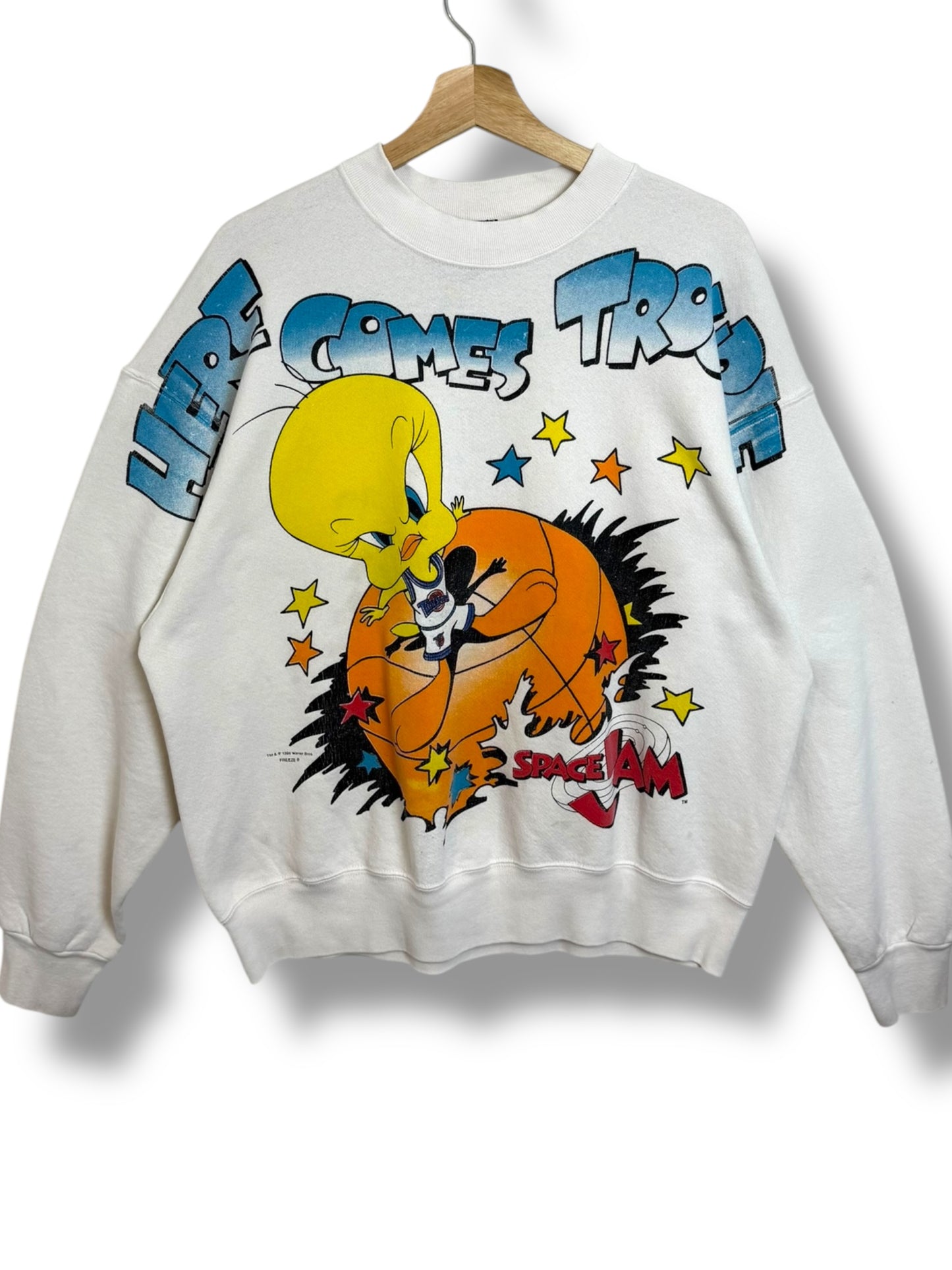 Vintage 1996 Space Jam AOP “Here Comes Trouble” Crewneck