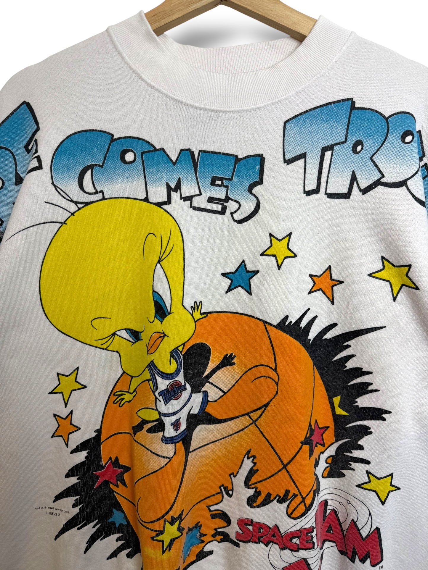 Vintage 1996 Space Jam AOP “Here Comes Trouble” Crewneck