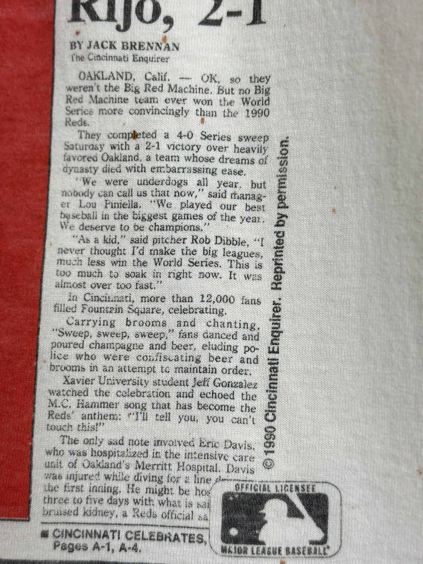 Vintage 1990 Cincinnati Reds World Champs T Shirt