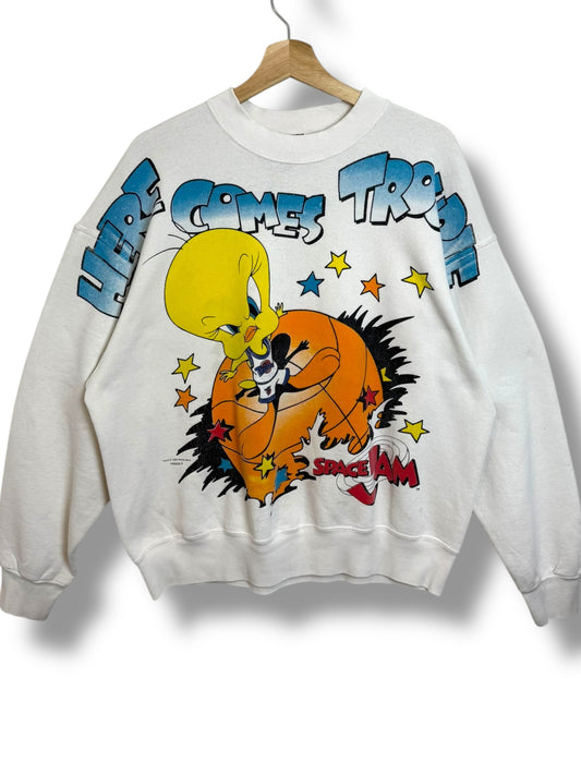 Vintage 1996 Space Jam AOP “Here Comes Trouble” Crewneck